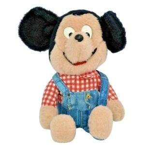 Vintage 1976 Knickerbocker Mickey Mouse Plush Farmer Gingham Shirt Denim Overall